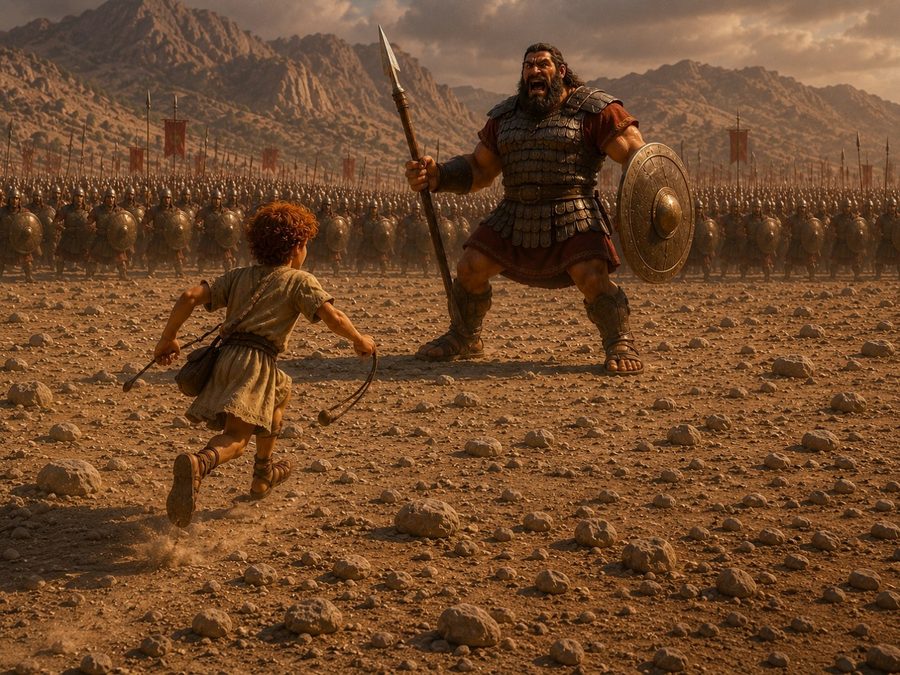 David standing before Goliath in the valley of Elah