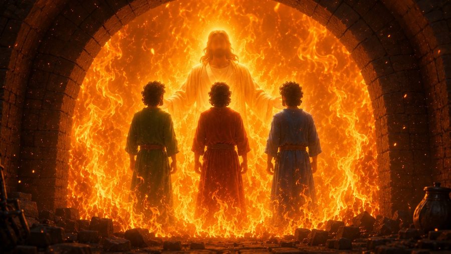 The fiery furnace with Shadrach, Meshach, and Abednego standing before the flames