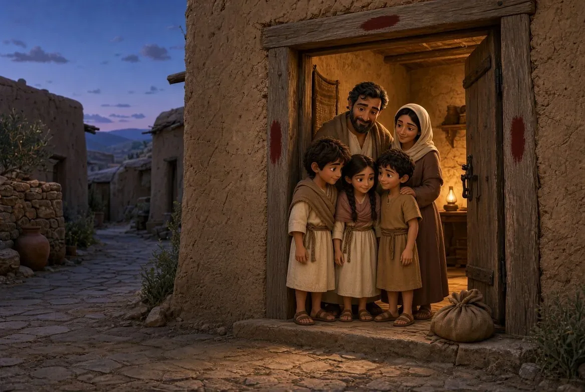 Caleb and Miriam with their household at the marked doorway on the night of the Passover