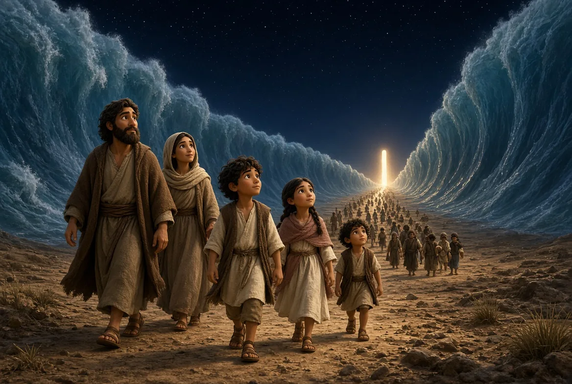 Caleb, Miriam, and their household crossing the parted Red Sea on dry ground